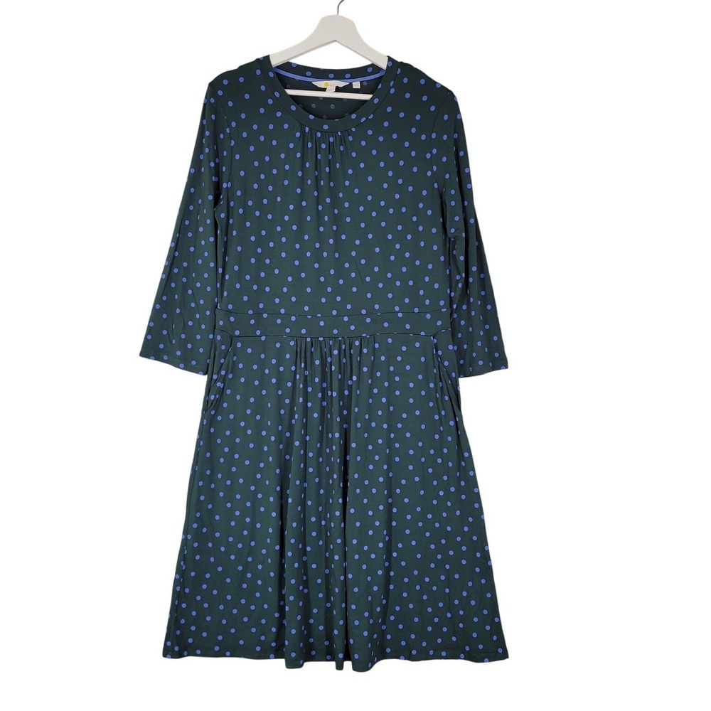 Boden Fit and Flare Dress Womens 10 Long Green Blue Polka Dot 3/4 Sleeve Jersey